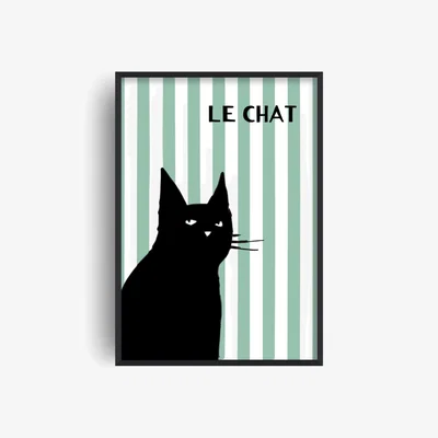 Wolf & Badger Green Le Chat Striped Cat Animal Pet Retro Giclée Art Print A2 | A2 | 420 X 594Mm | Fanclub