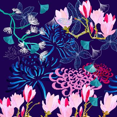 Wolf & Badger Blue Giclee Print - Midnight Florals Amanda West