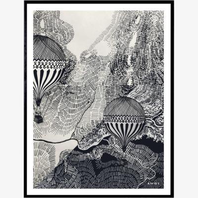 Wolf & Badger Black The Dreamer Illustration Petite Art Print - Air Balloon Adventures In The Sky Awol