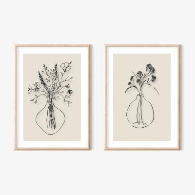 Wolf & Badger Black / Neutrals / White Wild Flowers And Gypsophilia Ink Drawings - Print Pair A3 297 X 420Mm Emily M Art & Design