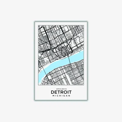 Wolf & Badger Blue Map Of Detroit Michigan A4 210 X 297Mm Stanley Print House