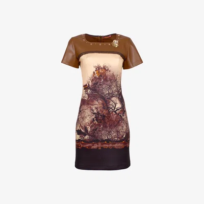 Wolf & Badger Women's Neutrals All-Over Graphic Print Short Sleeve Dress Panelled With Vegan Leather | Medium | Lalipop Design