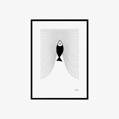 Wolf & Badger Black / White Plenty Of Fish In The Sea: Graphic Fish Art Print With Minimalist Line Wave Pattern Awol