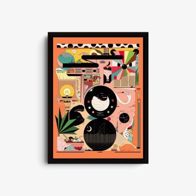 Wolf & Badger Yellow / Orange Chill Skill - Abstract Cartoon Art Print - Small | 12 X 16" | East Side Studio London