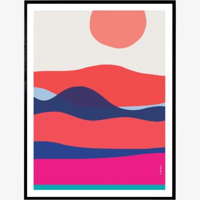 Wolf & Badger Blue / Yellow / Orange Ocean Waves At Sunset And Sunrise: Colourful Orange, Pink And Navy Blue Sea Art Print Awol