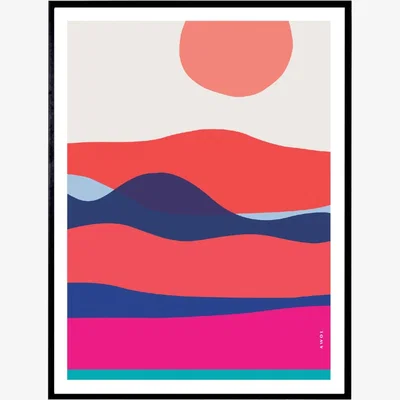 Wolf & Badger Blue / Yellow / Orange Ocean Waves At Sunset And Sunrise: Colourful Orange, Pink And Navy Blue Sea Art Print Awol