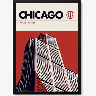 Wolf & Badger Chicago Willis Tower Modernist Architectural Travel Poster A1 594 X 841Mm Reign & Hail