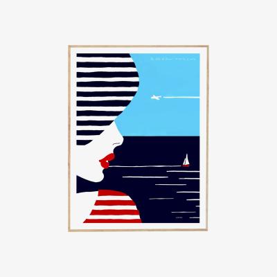 Wolf & Badger White / Black / Blue Portrait Of The South Of France Art Print: Woman In Stripes On The French Riviera Awol