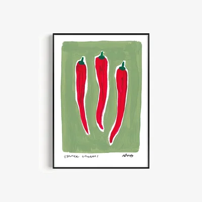 Wolf & Badger Green / Red Three Chillis Hand Painted Art Print - A3 | Natalie Cass Art