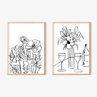 Wolf & Badger Black / White Flower Garden & Still Life Ink Drawing - Print Pair A3 297 X 420Mm Emily M Art & Design