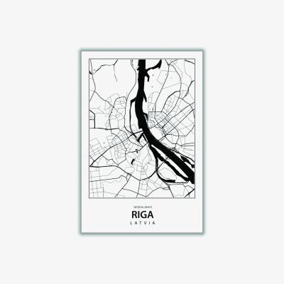 Wolf & Badger Black Map Of Riga Latvia A4 210 X 297Mm Stanley Print House