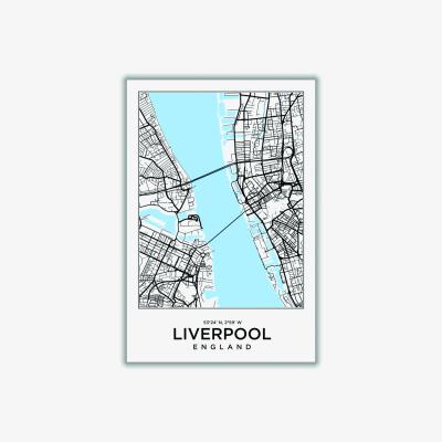 Wolf & Badger Blue Map Of Liverpool England A1 594 X 841Mm Stanley Print House