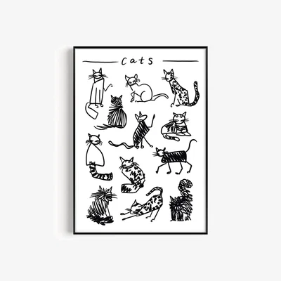 Wolf & Badger Black / White Cat Black And White Drawing Art Print - A3 | Natalie Cass Art