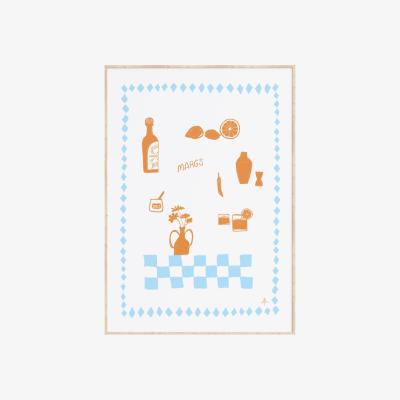 Wolf & Badger Yellow / Orange Camellia Pickle Margs Art Print Tan And Light Blue A3 297 X 420Mm