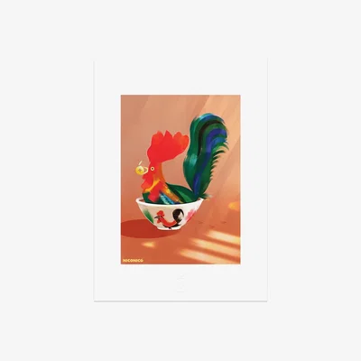Wolf & Badger Yellow / Orange Rooster In A Rooster Bowl A3 297 X 420Mm Niconico