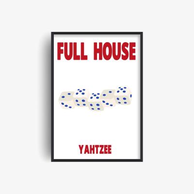 Wolf & Badger Blue / Red Full House Yahtzee Dice Retro Game Giclée Art Print A3 | A3 | 297 X 420Mm | Fanclub