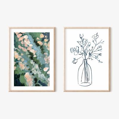 Wolf & Badger Pink / Purple / Neutrals Blush Abstract Painting And Indigo Wild Flower Print Pair A3 297 X 420Mm Emily M Art & Design