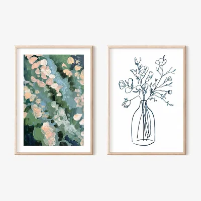 Wolf & Badger Pink / Purple / Neutrals Blush Abstract Painting And Indigo Wild Flower Print Pair A3 297 X 420Mm Emily M Art & Design