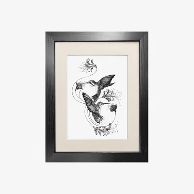 Wolf & Badger Black 'Hummingbirds & Honeysuckle' Fine Art Print A5 Emily Carter