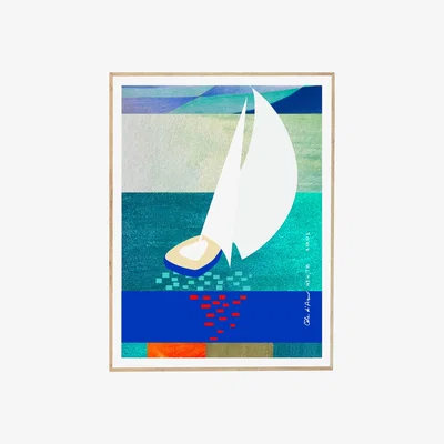 Wolf & Badger Blue / Yellow / Orange Sailing In The Mediterranean Sea: Nautical Art Print With White Sailboat And Sun Reflections In Azure Waters Awol