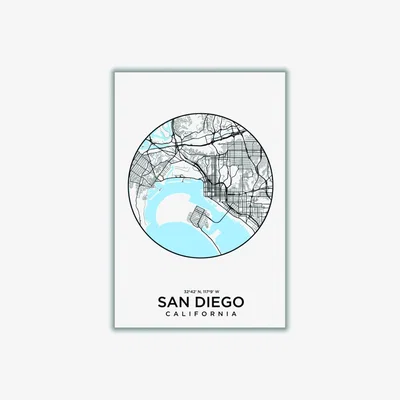 Wolf & Badger Blue Map Of San Diego A1 594 X 841Mm Stanley Print House