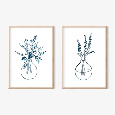 Wolf & Badger Blue / White Whimsical Greenery And Lavender Haze Ink Drawings - Print Pair A3 297 X 420Mm Emily M Art & Design