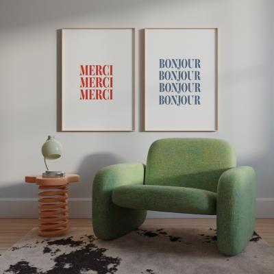 Wolf & Badger Blue / Red Bonjour And Merci French Giclée Art Print Set In A3 A3 297 X 420Mm Fanclub
