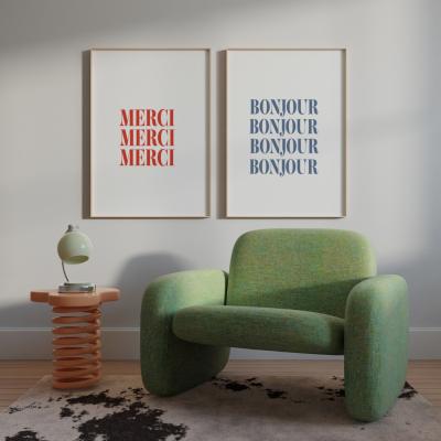 Wolf & Badger Blue / Red Bonjour And Merci French Giclée Art Print Set In A2 A2 420 X 594Mm Fanclub