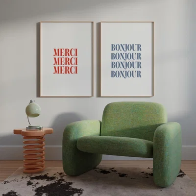 Wolf & Badger Blue / Red Bonjour And Merci French Giclée Art Print Set In A2 A2 420 X 594Mm Fanclub
