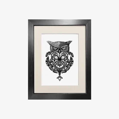 Wolf & Badger Black 'The Owl & Pocket Watch' Fine Art Print A4 Emily Carter