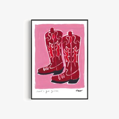 Wolf & Badger Red / Pink / Purple Cowboy Boots Hand Painted Art Print - A2 | Natalie Cass Art