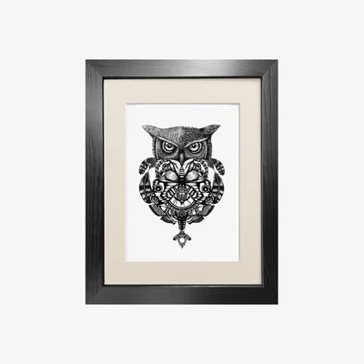 Wolf & Badger Black ​'The Owl & Pocket Watch' Fine Art Print A5 Emily Carter