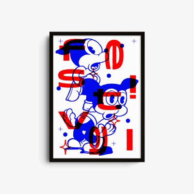 Wolf & Badger Blue / Red Festival - Giclee Fine Art Print - Small | A3 | 297 X 420Mm | East Side Studio London