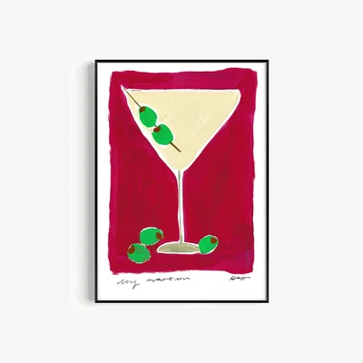 Wolf & Badger Red Dry Martini Hand Painted Art Print - A3 | Natalie Cass Art
