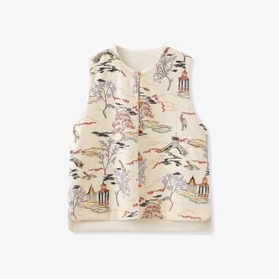 Wolf & Badger Women's Neutrals / White Embroidered Oriental Style Painting Stitching Vest | Medium | W.j.y. Studio