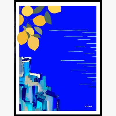 Wolf & Badger White / Blue / Yellow The Amalfi Coast Travel Illustration: Sunshine And Lemons By The Seaside In Italy, Art Print Awol