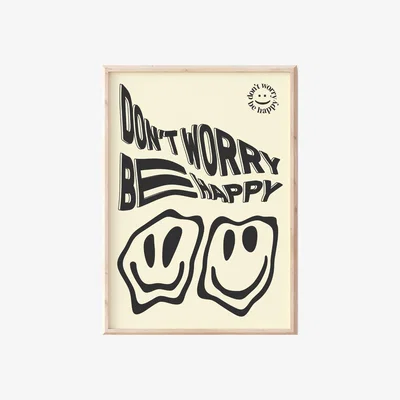 Wolf & Badger Black Don't Worry Be Happy Cream A3 Print Sofe Store