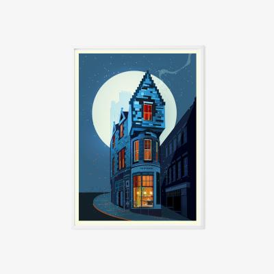 Wolf & Badger Snowfall At The Corner Cafe Art Print | A3 | 297 X 420Mm | Eye for London Prints