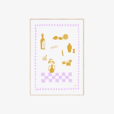 Wolf & Badger Pink / Purple Camellia Pickle Margs Art Print Golden And Purple A4 210 X 297Mm
