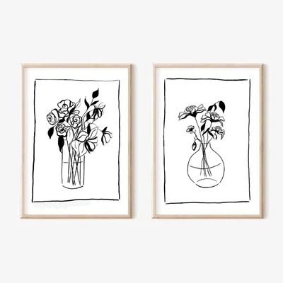 Wolf & Badger Black / White Simplistic Floral Still Life Print Pair A3 297 X 420Mm Emily M Art & Design