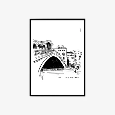 Wolf & Badger Black / White Venice Art Print With Gondolas And The Rialto Bridge, Italy Travel Poster Awol