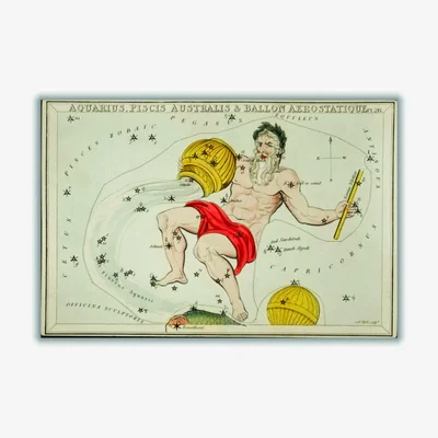 Wolf & Badger Yellow / Orange Astronomical Chart Illustration Of The Zodiacs Aquaris Piscis Australis A4 210 X 297Mm Stanley Print House
