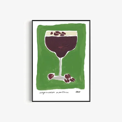 Wolf & Badger Espresso Martini Green Hand Painted Art Print - A3 | Natalie Cass Art
