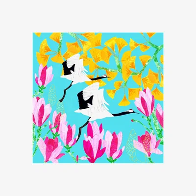 Wolf & Badger Giclee Print - Red Crowned Crane, Magnolia & Ginkgo Amanda West