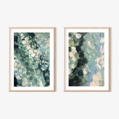 Wolf & Badger Green / Blue Summertime Blooms Abstract Print Pair A3 297 X 420Mm Emily M Art & Design