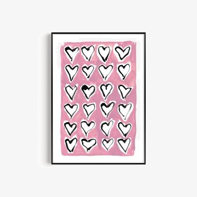 Wolf & Badger Pink / Purple Hearts Hand Painted Art Print - A2 | Natalie Cass Art