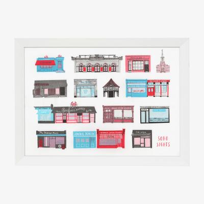 Wolf & Badger Blue / Black / Red Soho Sights Risograph Print A3 297 X 420Mm Rosa & Clara Designs