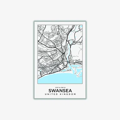 Wolf & Badger Blue Map Of Swansea United Kingdom Large Stanley Print House