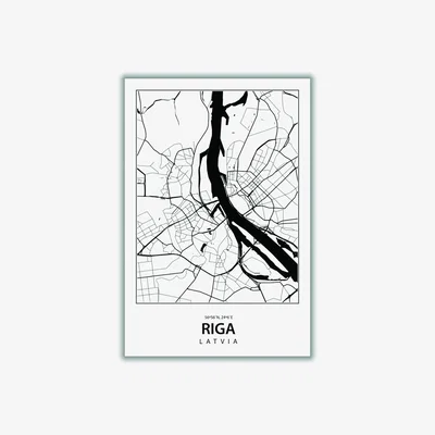 Wolf & Badger Black Map Of Riga Latvia A3 297 X 420Mm Stanley Print House