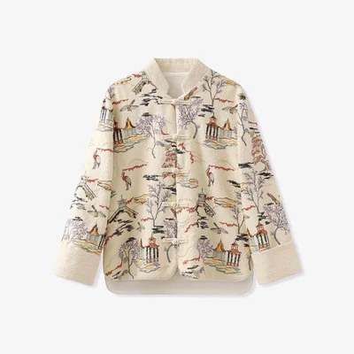 Wolf & Badger Women's Neutrals / White Embroidered Oriental Style Painting Stitching Short Coat All Seasons | Large | W.j.y. Studio